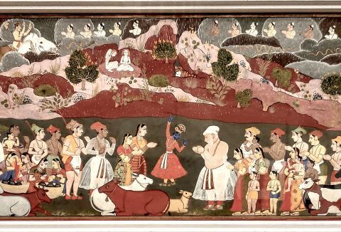 Krishna lifts Govardhana